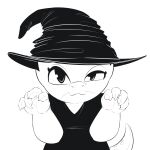  anthro big_eyes black_and_white chubby_female claws clothing cute_expression fantasy000 female halloween hat headgear headwear hi_res holidays horn kobold magic_user monochrome scalie simple_background smile solo witch 