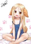  1girl :o animal_ears areola_slip bangs bed_sheet blonde_hair blush brown_eyes collarbone commentary dog_ears dog_girl dog_tail fang flat_chest forehead happy_new_year head_tilt highres long_hair looking_at_viewer naked_overalls new_year open_mouth original overalls parted_bangs paw_print paw_print_background simple_background sitting solo strap_slip tail very_long_hair white_background yukino_minato 