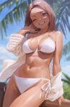  1girl bangs beach bikini blonde_hair blush breasts brown_eyes brown_hair highres kinta_(distortion) large_breasts linea_alba looking_at_viewer navel one_eye_closed original pale_skin palm_tree pink_hair robe short_hair simple_background skindentation smile solo swimsuit tree white_bikini wide_hips 