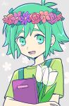  1boy antenna_hair book book_hug commentary_request floral_background flower green_eyes green_hair green_shirt haku_le head_wreath highres holding holding_book male_focus object_hug open_mouth original shirt signature smile solo tulip upper_body 