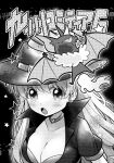  1girl bat_(animal) breasts cleavage collar earrings greyscale haku_le hat heart heart_earrings highres jacket jewelry large_breasts long_hair monochrome open_mouth original solo star_(symbol) translation_request witch_hat 