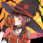  1boy 1girl alternate_costume bangs black_choker black_gloves blush brown_hair buttons choker closed_eyes collarbone gloves hair_ornament halloween_costume hand_up heart highres holding kiss kono_subarashii_sekai_ni_shukufuku_wo! megumin miniboy multicolored_background orange_shirt pumpkin pumpkin_costume sarasara_shoyu satou_kazuma shirt short_sleeves sidelocks trembling x_hair_ornament 