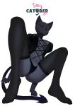  absurd_res anthro biped black_body clothing domestic_cat felid feline felis feliscede female green_eyes hi_res legwear looking_at_viewer low-angle_view mammal navel simple_background smile solo spade_tail thigh_highs white_background 