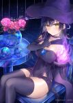  1girl blush breasts chair crystal_ball elbow_gloves flower fujimori_shiki gloves hat highres large_breasts light_smile long_hair original solo table thighs twitter_username witch witch_hat 