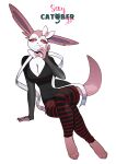  absurd_res anthro biped clothing eeveelution feliscede female generation_6_pokemon hi_res looking_at_viewer nintendo pink_body pokemon pokemon_(species) red_eyes simple_background sitting smile solo sylveon video_games white_background white_body 