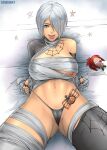  1girl angel_(kof) bandages breasts cameltoe costume erodrunky hair_over_one_eye halloween halloween_costume highres large_breasts leona_heidern looking_at_viewer mummy mummy_costume navel nipple_slip nipples panties partially_visible_vulva pussy solo solo_focus spread_legs the_king_of_fighters the_king_of_fighters_all-stars toned tongue tongue_out underwear white_hair 