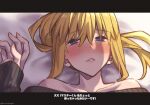  1girl artoria_pendragon_(fate) bare_shoulders black_sweater blonde_hair blue_eyes blush collarbone fate/grand_order fate_(series) hair_between_eyes heart heart-shaped_pupils highres letterboxed long_hair looking_at_viewer mitsurugi_sugar mysterious_heroine_xx_(fate) nose_blush off-shoulder_sweater off_shoulder ribbed_sweater solo sweater symbol-shaped_pupils translated twitter_username upper_body 