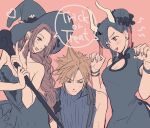  1boy 2girls aerith_gainsborough aruhino asymmetrical_bangs bangs bare_arms black_dress black_hair black_headwear blonde_hair blue_shirt blush bracelet breasts brown_hair china_dress chinese_clothes cleavage cleavage_cutout clenched_hands clothing_cutout cloud_strife double_bun dress final_fantasy final_fantasy_vii final_fantasy_vii_remake flower green_eyes hair_between_eyes hair_bun half-closed_eyes halloween hat hat_flower holding holding_staff horns jewelry long_hair medium_breasts multiple_girls one_eye_closed open_mouth parted_bangs pink_background pointing ponytail red_eyes shirt short_hair side_slit sidelocks sleeveless sleeveless_dress sleeveless_turtleneck smile speech_bubble spiked_hair staff strapless strapless_dress suspenders sweatdrop tifa_lockhart trick_or_treat turtleneck upper_body w_arms witch witch_hat 