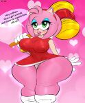  absurd_res amy_rose anthro blush breasts clothed clothing devildaddy dialogue eulipotyphlan female fur green_eyes hammer hedgehog hi_res holding_object holding_weapon mammal nipple_outline open_mouth open_smile partially_clothed pink_body pink_fur sega simple_background smile solo sonic_the_hedgehog_(series) speech_bubble teeth thick_thighs tools weapon 