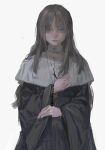  1girl bangs blush bracelet brown_hair earrings grey_eyes habit highres holding holding_clothes jewelry lips long_hair long_sleeves looking_at_viewer nose_blush nun original qunqing123 rosary shaded_face simple_background single_earring solo white_background 