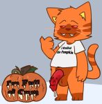  animal_genitalia animal_penis bodily_fluids crushpepper cum cum_on_face domestic_cat felid feline feline_penis felis food fruit fur genital_fluids genitals hi_res i&#039;m_full_of_cum mammal orange_body orange_fur penis pepper_(crushpepper) plant pumpkin red_eyes suggestive_shirt tagme 