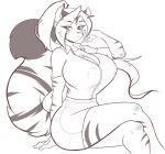  anthro big_breasts big_tail bottomwear breasts cleavage clothed clothing felid female fur greyscale hair hi_res long_hair looking_at_viewer mammal markings monochrome nipple_outline office_lady pantherine ponytail simple_background sitting skidd skirt solo soya_akane striped_body striped_fur striped_markings striped_tail stripes tail_markings tiger uberquest webcomic white_background 