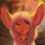  1:1 2021 anthro big_ears blep blue_eyes blurred_background bust_portrait clothed clothing dated eyelashes female front_view fur glistening glistening_eyes hair hi_res inner_ear_fluff mylafox one_eye_closed orange_body orange_fur pink_nose pink_tongue portrait shoulder_tuft signature solo species_request text tongue tongue_out topwear tuft url white_clothing white_hair white_inner_ear_fluff white_topwear 