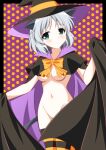  1girl animal_ears areola_slip black_cape black_thighhighs blush breasts cape cat_ears cat_girl cat_tail cloak convenient_censoring green_eyes grey_hair grin groin halloween hat highres isa_(ni-iro) looking_at_viewer naked_cape naked_cloak navel polka_dot polka_dot_background purple_background sanya_v._litvyak short_hair small_breasts smile solo strike_witches tail thighhighs witch_hat world_witches_series 