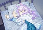  1girl animal_ears bangs bed blue_dress closed_eyes dress highres hood hooded_jacket horse_ears horse_girl jacket long_hair lying mejiro_mcqueen_(umamusume) on_side open_clothes open_jacket pillow purple_hair sleeping solo swept_bangs tenoo12 umamusume upper_body 