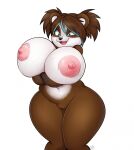  anthro arm_under_breasts big_breasts blizzard_entertainment breasts brown_body brown_fur brown_hair female fur genitals giant_panda hair hi_res highlights_(coloring) huge_breasts knock-kneed mammal nipples nude open_mouth pandaren pigtails pussy simple_background smile solo ursid video_games villmix warcraft white_background wide_hips 