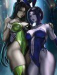  2022 2girls animal_ears bindi breasts cleavage colored_skin dandon_fuga dc_comics green_eyes green_hair grey_skin highres jewelry kim_possible large_breasts latex latex_leotard leotard long_hair looking_at_viewer multiple_girls purple_hair purple_skin rabbit_ears raven_(dc) shego short_hair teen_titans thighhighs toned 