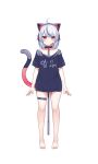  1girl absurdres bandaid_on_thigh barefoot black_collar black_hair black_shirt blue_hair cat_ear_headphones cat_tail character_request closed_mouth collar commentary_request deaver full_body headphones highres indie_virtual_youtuber legs looking_at_viewer multicolored_hair red_eyes shirt simple_background solo standing streaked_hair t-shirt tail toes transparent_background virtual_youtuber white_background 