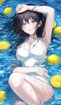  1girl absurdres aqua_eyes armpits bangs bare_shoulders black_hair blush breasts cleavage food fruit gongha hand_up highres large_breasts lemon long_hair looking_at_viewer on_water open_mouth original outdoors partially_submerged solo swimsuit water white_one-piece_swimsuit 