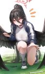  1girl absurdres bangs black_choker black_hair black_wings blue_archive blue_jacket blush breasts choker clipboard feathered_wings feathers full_body grass gym_uniform hair_between_eyes halo hasumi_(blue_archive) hasumi_(gym_uniform)_(blue_archive) highres holding holding_clipboard jacket large_breasts long_hair low_wings niwachichi_(maekawasan) one_knee open_clothes open_jacket outstretched_hand pen ponytail red_eyes see-through shirt shoes short_shorts shorts sneakers socks solo sweatdrop thighs track_jacket very_long_hair white_background white_footwear white_shirt white_socks wings 