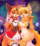  absurd_res anthro blush breasts canid canine clothed clothing costume duo female fox fur hair halloween hi_res holidays jasminthemanticore looking_at_viewer mammal nude smile tongue tuft 