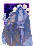  2boys animal_skull bara black_pants blue_hair blush border brown_eyes closed_mouth commentary_request crossed_legs dark_blue_hair earrings facial_hair full_body goatee hair_between_eyes highres holding holding_staff hooded_robe jewelry kusarikake large_pectorals long_sideburns looking_at_another magatama magatama_necklace male_focus master_5_(housamo) multiple_boys muscular muscular_male necklace open_clothes open_robe outside_border pants pectoral_cleavage pectorals robe short_hair sideburns single_earring sitting skull_necklace sky smile sparkle staff star_(sky) starry_sky stubble tassel tassel_earrings thick_eyebrows tokyo_afterschool_summoners tsukuyomi_(housamo) white_border yellow_eyes 