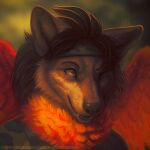  1:1 2021 anthro black_hair black_nose blurred_background brown_body brown_fur bust_portrait canid cheek_tuft clothed clothing dated facial_tuft fangs feathered_wings feathers fur glistening glistening_eyes green_clothing green_topwear grey_eyes hair hi_res male mammal mylafox open_mouth orange_body orange_feathers portrait short_hair signature smile solo topwear tuft wings 