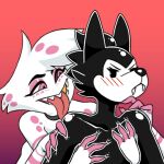  2022 angel_dust anthro blush choker duo gingerroomta gradient_background hazbin_hotel hi_res jewelry male male/male necklace parasitedeath simple_background tongue tongue_out toony wolf_(parasitedeath) 