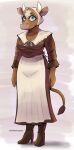  anthro apron blue_eyes boots bovid bovine breasts brown_body brown_fur cattle clothed clothing deadassspider dress female footwear fur headgear headwear hi_res horn looking_at_viewer mammal signature solo 