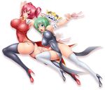  ass bare_shoulders black_legwear blue_eyes breasts china_dress chinese_clothes curvy dress green_hair grin groin hair_bobbles hair_ornament harumi_(harumix) hat high_heels huge_breasts impossible_clothes impossible_dress jumping large_breasts legs long_legs mouth_hold multiple_girls navel no_panties onozuka_komachi open_mouth panties pink_eyes pink_hair shiki_eiki shirt shoes skin_tight smile taut_clothes taut_shirt thick_thighs thighhighs thighs touhou underwear white_legwear wide_hips 