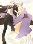  bad_feet bad_id bad_pixiv_id barefoot formal japanese_clothes kimono lingerie lying multiple_girls open_clothes open_shirt shirt shoes siblings silver_hair single_shoe sisters suit sumadera_kasumi towa1 umineko_no_naku_koro_ni underwear ushiromiya_kyrie 