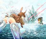 amon_(mulciber) animal_ears ass bad_id bad_pixiv_id battle battleship blue_eyes bunny_ears charlotte_e_yeager explosion flying from_behind frown gun long_hair military military_vehicle ocean orange_hair panties rifle ship solo strike_witches striker_unit tail underwear warship watercraft weapon world_witches_series 