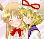  blonde_hair blush closed_eyes hat horns ibuki_suika kazami_ruku lowres multiple_girls touhou yakumo_yukari yellow_eyes yuri 