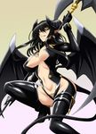  black_hair black_legwear breasts demon_girl earrings grin horns huge_breasts isse jewelry long_hair original pointy_ears smile solo succubus tattoo thigh_strap thighhighs wings yellow_eyes 