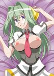  ahoge bed_sheet blush breasts glasses green_hair kannagi_itsuki large_breasts long_hair lying necktie nipples on_back open_mouth paopa_ship purple_eyes shimoyama_mutsumi solo sora_wo_kakeru_shoujo very_long_hair 