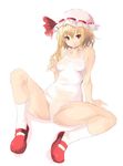  arm_support bad_id bad_pixiv_id blonde_hair breasts cameltoe fan_(squareff13) flandre_scarlet hair_twirling hat highres mary_janes navel older one-piece_swimsuit pussy reclining red_eyes see-through shoes side_ponytail small_breasts smile socks solo spread_legs swimsuit touhou white_swimsuit 