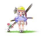  bangs bloomers blue_eyes blunt_bangs chikin flower grass hat katana kindergarten konpaku_youmu mary_janes school_hat shoes short_hair silver_hair socks solo sword touhou underwear weapon younger 