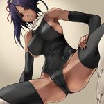  areolae armpits bare_shoulders black_legwear bleach breasts cameltoe closed_mouth covered_nipples crotch dark_nipples dark_skin detached_sleeves from_below hand_on_leg large_breasts leotard long_hair looking_down mosha nipple_slip nipples ponytail purple_hair shihouin_yoruichi simple_background smile solo thighhighs 