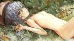  breasts from_side fuyuno_haruaki grass hand_up highres instrument lying merlin_prismriver nipples nude on_back outdoors parted_lips small_breasts solo touhou trumpet 