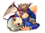  :o asuru_(armor) between_breasts blue_eyes breasts horns large_breasts lying monster_hunter on_back open_mouth red_eyes shinkirou_(s-k-w) short_hair silver_hair simple_background skirt teostra wings 