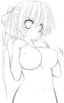  angry blush breasts greyscale highres kai_yuuki large_breasts lineart long_hair monochrome nude original petite solo 