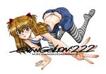  blue_eyes brown_hair downpants evangelion:_2.0_you_can_(not)_advance neon_genesis_evangelion osaru panties pantyhose rebuild_of_evangelion shikinami_asuka_langley solo souryuu_asuka_langley striped striped_legwear striped_panties thong two_side_up underwear whale_tail 