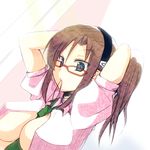  adjusting_hair bad_id bad_pixiv_id between_breasts blue_eyes breasts brown_hair evangelion:_2.0_you_can_(not)_advance glasses large_breasts makinami_mari_illustrious mouth_hold necktie neon_genesis_evangelion open_clothes open_shirt rebuild_of_evangelion shirt short_sleeves sideboob solo sondenkou toki_ai 