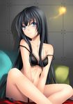  akiyama_mio bad_id bad_pixiv_id bed black_bra black_hair blue_eyes bra k-on! lingerie long_hair sitting solo strap_slip tidsean underwear 