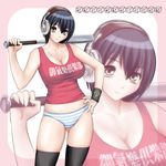  baseball_bat black_hair breasts brown_eyes cleavage headphones highres kiso_fumihiro large_breasts no_pants original panties shirt short_hair skindentation solo striped striped_panties sweat tank_top taut_clothes taut_shirt thighhighs underwear underwear_only wristband zoom_layer 