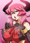  bracelet breasts covered_nipples cravat demon_girl elbow_gloves gloves horns huge_breasts jewelry long_hair maou_beluzel nori_(akusei_shinseibutsu) open_mouth pink_hair solo tongue yuusha_to_maou 