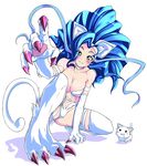  1girl animal_ears big_hair blue_hair blush breasts cat cat_ears cat_paws cat_tail claws fangs felicia fur highres large_breasts long_hair luceva paws saliva solo tail thighhighs vampire_(game) 