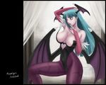  animal_print areolae ark_(morita_hitomi) bare_shoulders bat_print bat_wings breasts character_name demon_girl green_eyes green_hair head_wings large_breasts long_hair morrigan_aensland pantyhose print_legwear purple_wings solo vampire_(game) wallpaper wings 