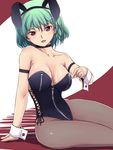  :&lt;&gt; animal_ears breasts breasts_apart bunny_ears bunny_girl bunnysuit choker fake_animal_ears green_hair gustav_(telomere_na) highres kazami_yuuka large_breasts pantyhose red_eyes short_hair solo thighs touhou unzipping wrist_cuffs zipper 