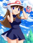  blue_(pokemon) brown_hair dress gen_1_pokemon gloves hat jigglypuff long_hair pokemoa pokemon pokemon_(creature) pokemon_special white_gloves wind 